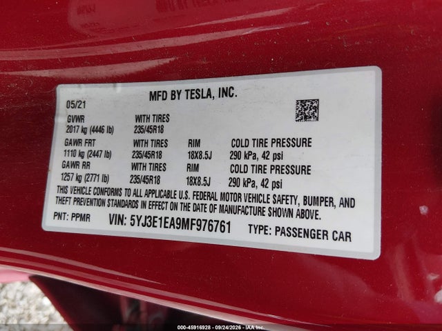 5YJ3E1EA9MF976761 Tesla Model 3 Standard Range Plus Rear-wheel Drive