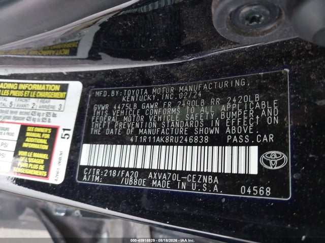 2024 Toyota Camry Le მანქანა იყიდება აუქციონზე, vin: 4T1R11AK8RU246838, აუქციონის ნომერი: 45916929