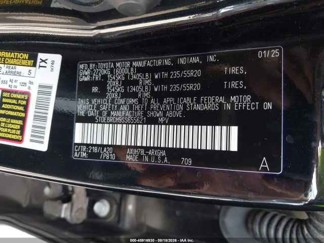 2025 Toyota Highlander Hybrid Platinum მანქანა იყიდება აუქციონზე, vin: 5TDEBRCH9SS655621, აუქციონის ნომერი: 45916930
