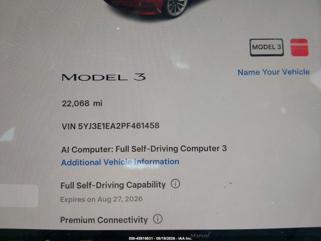 5YJ3E1EA2PF461458 Tesla Model 3 Rear-wheel Drive