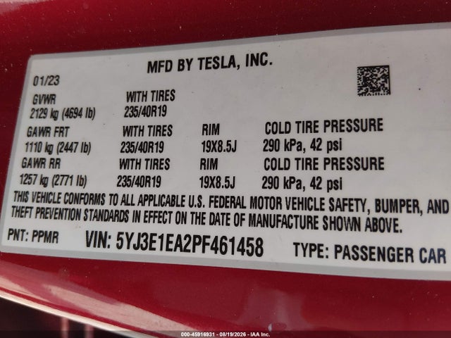 5YJ3E1EA2PF461458 Tesla Model 3 Rear-wheel Drive