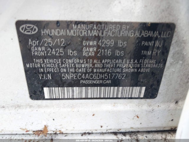 45916939 :رقم المزاد ، 5NPEC4AC6DH517762 vin ، 2013 Hyundai Sonata Limited مزاد بيع