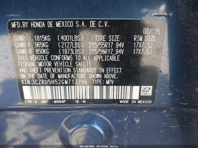 Продажа на аукционе авто 2016 Honda Hr-v Ex, vin: 3CZRU5H52GM713296, номер лота: 45916956