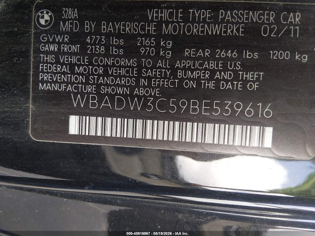 2011 Bmw 328i მანქანა იყიდება აუქციონზე, vin: WBADW3C59BE539616, აუქციონის ნომერი: 45916967