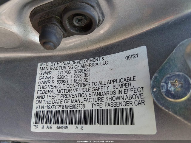 2021 Honda Civic Sport მანქანა იყიდება აუქციონზე, vin: 19XFC2F81ME003738, აუქციონის ნომერი: 45916972