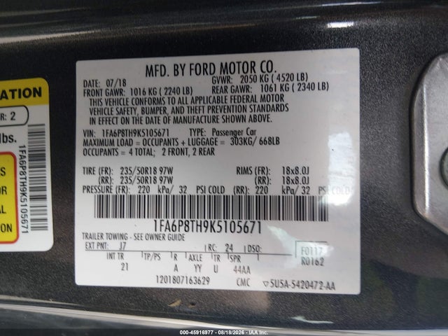 Продаж на аукціоні авто 2019 Ford Mustang Ecoboost, vin: 1FA6P8TH9K5105671, номер лоту: 45916977