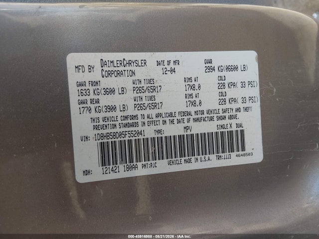 Aukcja sprzedaży 2005 Dodge Durango Limited, vin: 1D8HB58D05F552041, numer aukcji: 45916988