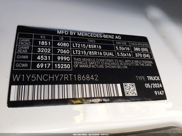 Aukcja sprzedaży 2024 Mercedes-benz Sprinter 3500 High Roof 4-cyl Diesel Ho, vin: W1Y5NCHY7RT186842, numer aukcji: 45916990