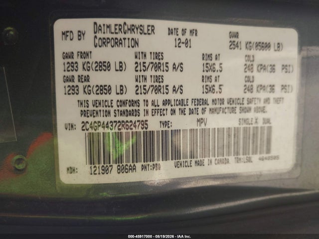 45917000 :رقم المزاد ، 2C4GP44372R624795 vin ، 2002 Chrysler Town & Country Lx مزاد بيع