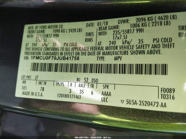 2018 Ford Escape S მანქანა იყიდება აუქციონზე, vin: 1FMCU0F70JUB41758, აუქციონის ნომერი: 45917001