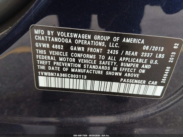 Продажа на аукционе авто 2014 Volkswagen Passat 2.0l Tdi Se, vin: 1VWBN7A36EC003113, номер лота: 45917009