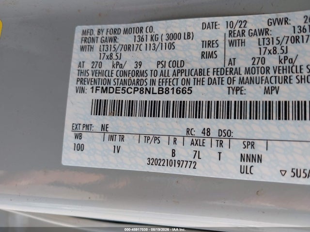 2022 Ford Bronco Badlands მანქანა იყიდება აუქციონზე, vin: 1FMDE5CP8NLB81665, აუქციონის ნომერი: 45917030