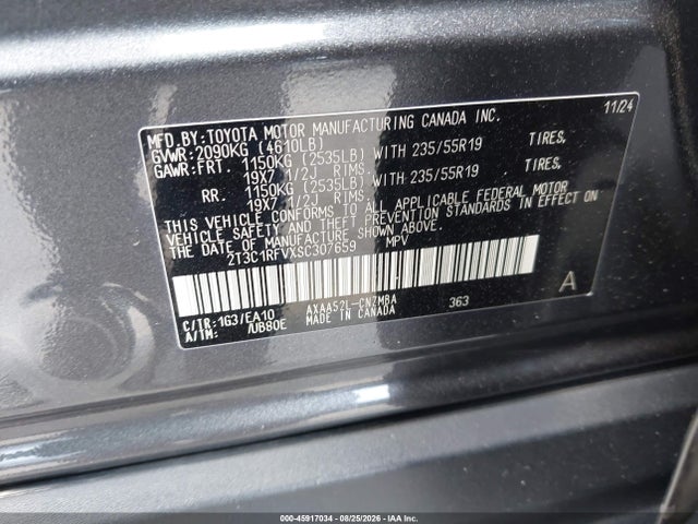 45917034 :رقم المزاد ، 2T3C1RFVXSC307659 vin ، 2025 Toyota Rav4 Xle Premium مزاد بيع