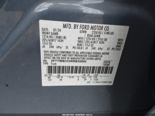 45917035 :رقم المزاد ، 3FTTW8H33RRB30893 vin ، 2024 Ford Maverick Xlt مزاد بيع