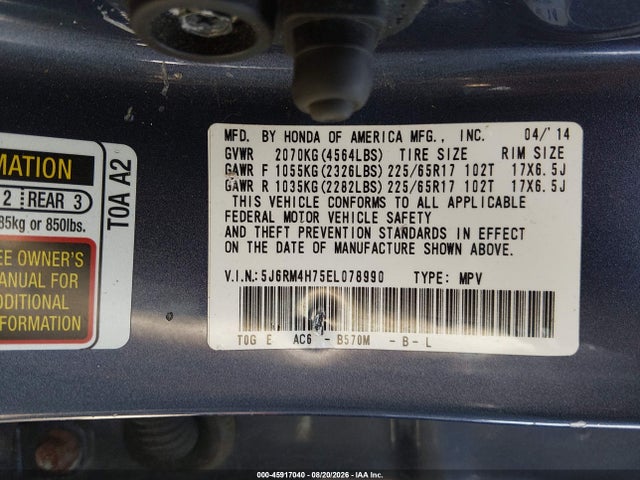 Aukcja sprzedaży 2014 Honda Cr-v Ex-l, vin: 5J6RM4H75EL078990, numer aukcji: 45917040