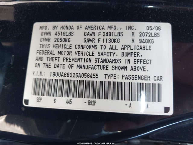 2006 Acura Tl მანქანა იყიდება აუქციონზე, vin: 19UUA66226A056455, აუქციონის ნომერი: 45917045