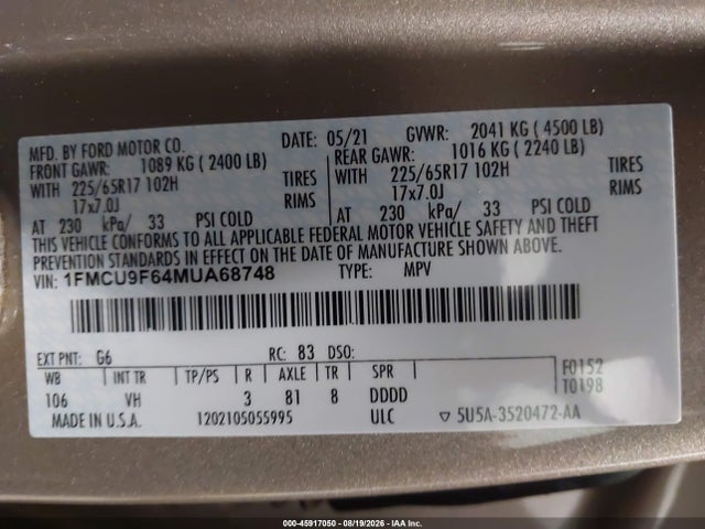 Auction sale of the 2021 Ford Escape S, vin: 1FMCU9F64MUA68748, lot number: 45917050