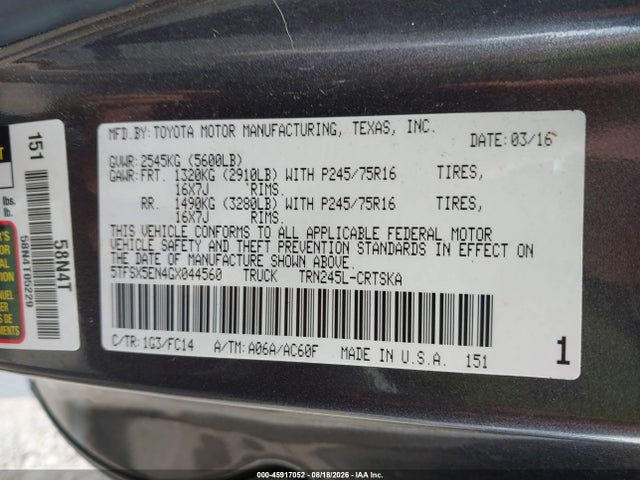 5TFSX5EN4GX044560 Toyota Tacoma Sr5
