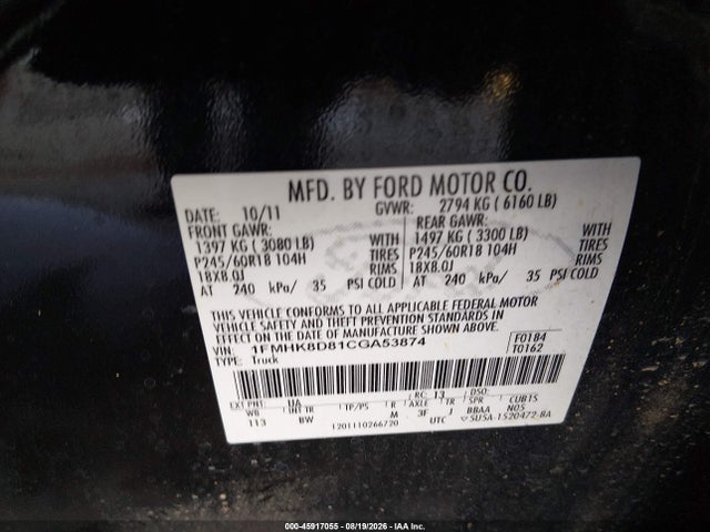 2012 Ford Explorer Xlt მანქანა იყიდება აუქციონზე, vin: 1FMHK8D81CGA53874, აუქციონის ნომერი: 45917055