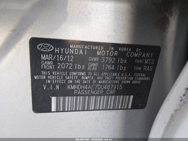 2013 Hyundai Elantra Limited მანქანა იყიდება აუქციონზე, vin: KMHDH4AE7DU487915, აუქციონის ნომერი: 45917057