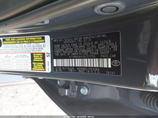 45917063 :رقم المزاد ، 4T1DAACK4SU121753 vin ، 2025 Toyota Camry Se مزاد بيع