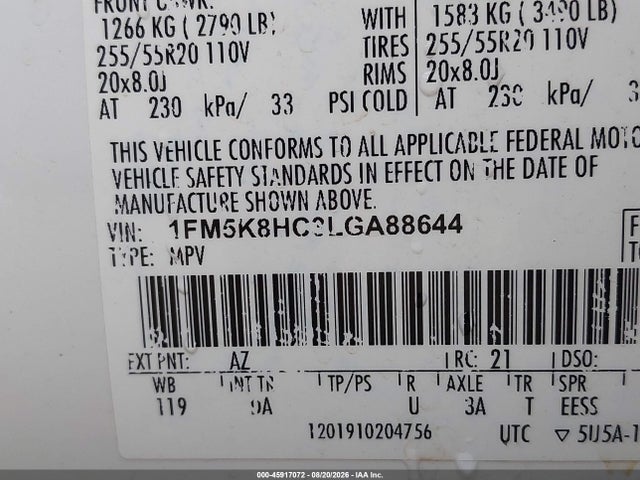 Продаж на аукціоні авто 2020 Ford Explorer Platinum, vin: 1FM5K8HC3LGA88644, номер лоту: 45917072