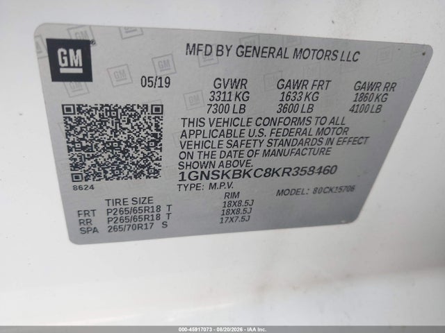 Продаж на аукціоні авто 2019 Chevrolet Tahoe Lt, vin: 1GNSKBKC8KR358460, номер лоту: 45917073