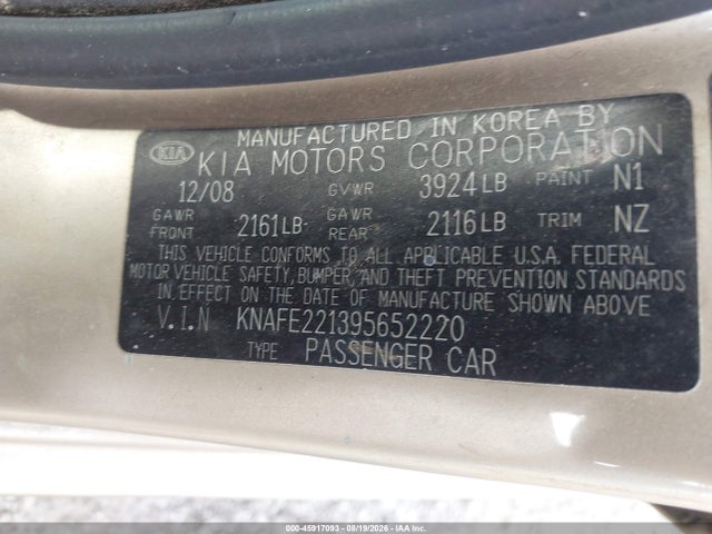 45917093 :رقم المزاد ، KNAFE221395652220 vin ، 2009 Kia Spectra Ex مزاد بيع