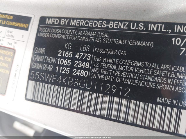 45917094 :رقم المزاد ، 55SWF4KB8GU112912 vin ، 2016 Mercedes-benz C 300 4matic مزاد بيع