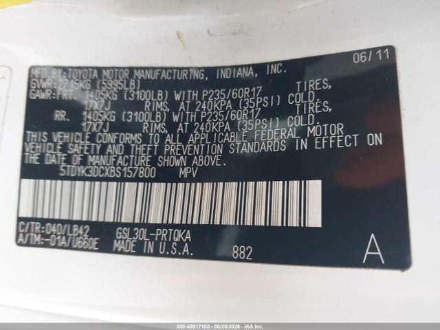 Aukcja sprzedaży 2011 Toyota Sienna Xle V6, vin: 5TDYK3DCXBS157800, numer aukcji: 45917102