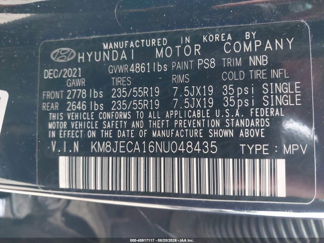 2022 Hyundai Tucson Hybrid Limited მანქანა იყიდება აუქციონზე, vin: KM8JECA16NU048435, აუქციონის ნომერი: 45917117