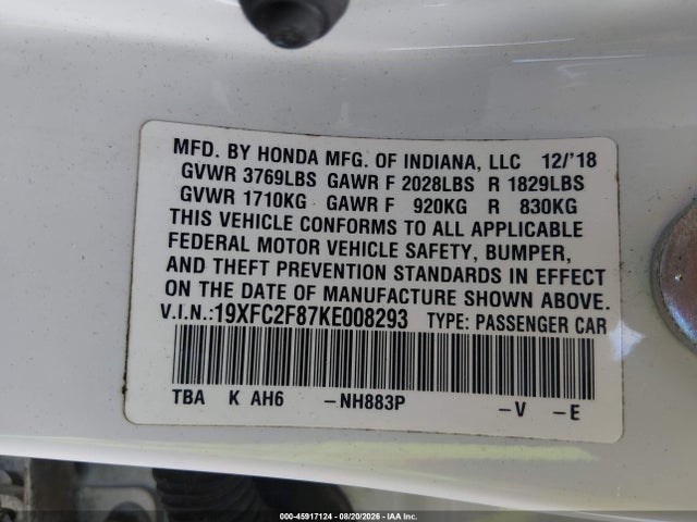 Aukcja sprzedaży 2019 Honda Civic Sport, vin: 19XFC2F87KE008293, numer aukcji: 45917124