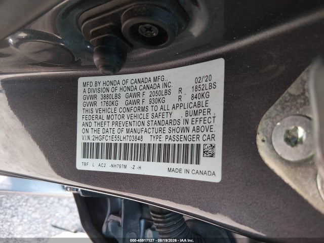 2020 Honda Civic Si Sedan მანქანა იყიდება აუქციონზე, vin: 2HGFC1E55LH703848, აუქციონის ნომერი: 45917127