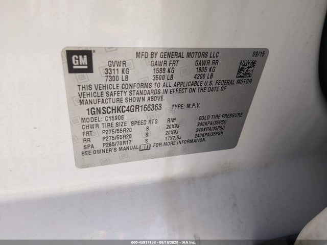 Продаж на аукціоні авто 2016 Chevrolet Suburban Lt, vin: 1GNSCHKC4GR166363, номер лоту: 45917128
