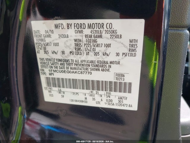 Продаж на аукціоні авто 2010 Ford Escape Limited, vin: 1FMCU0EG0AKC87770, номер лоту: 45917129