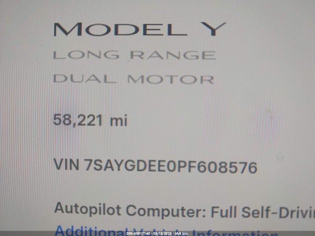 Продажа на аукционе авто 2023 Tesla Model Y Awd/long Range Dual Motor All-wheel Drive, vin: 7SAYGDEE0PF608576, номер лота: 45917140