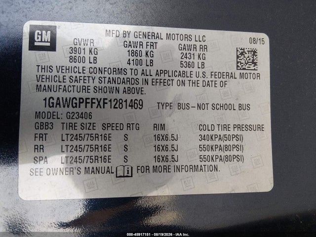 45917151 :رقم المزاد ، 1GAWGPFFXF1281469 vin ، 2015 Chevrolet Express 2500 Ls مزاد بيع