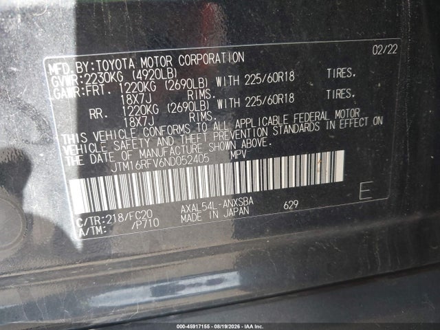 45917155 :رقم المزاد ، JTM16RFV6ND052405 vin ، 2022 Toyota Rav4 Hybrid Se مزاد بيع