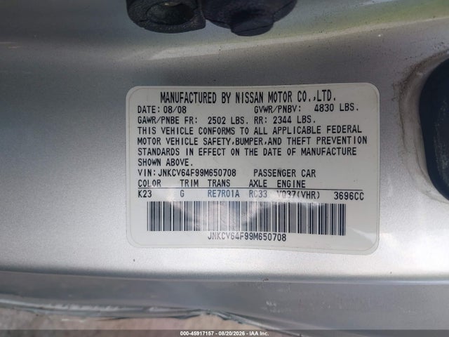 2009 Infiniti G37x მანქანა იყიდება აუქციონზე, vin: JNKCV64F99M650708, აუქციონის ნომერი: 45917157