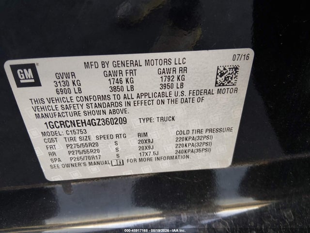 45917168 :رقم المزاد ، 1GCRCNEH4GZ360209 vin ، 2016 Chevrolet Silverado 1500 Work Truck مزاد بيع