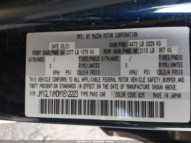Aukcja sprzedaży 2021 Mazda Mazda6 Touring, vin: JM1GL1VM0M1612223, numer aukcji: 45917172