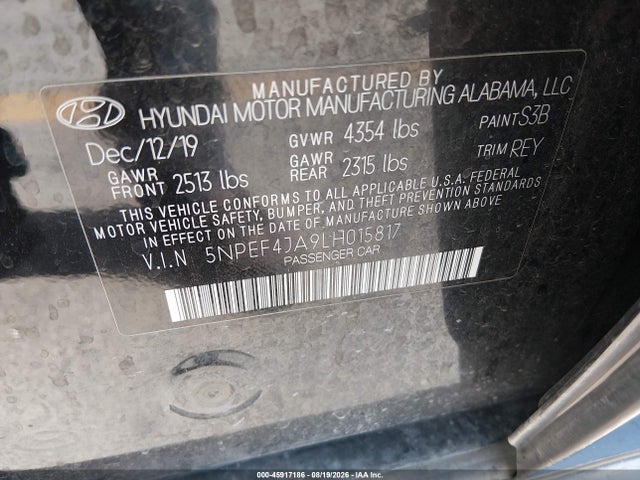 Продажа на аукционе авто 2020 Hyundai Sonata Sel, vin: 5NPEF4JA9LH015817, номер лота: 45917186