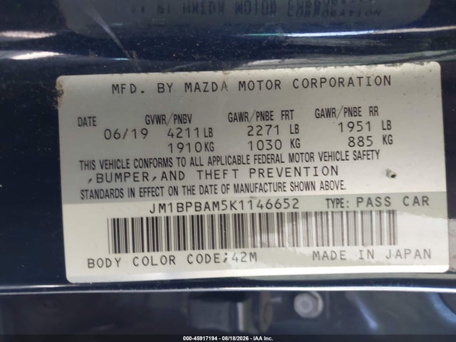 Aukcja sprzedaży 2019 Mazda Mazda3 Select Package, vin: JM1BPBAM5K1146652, numer aukcji: 45917194