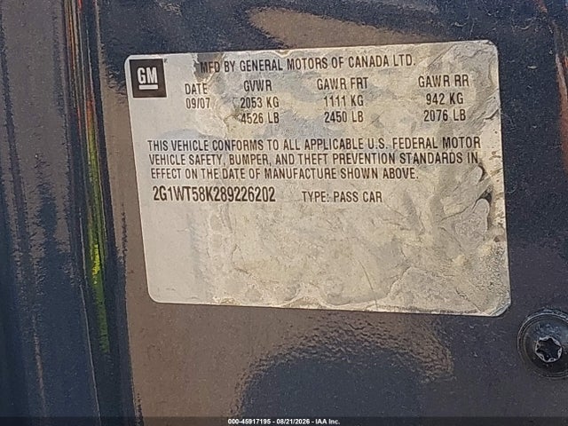 Продаж на аукціоні авто 2008 Chevrolet Impala Lt, vin: 2G1WT58K289226202, номер лоту: 45917195