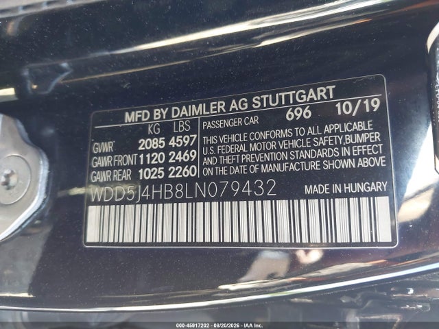 Aukcja sprzedaży 2020 Mercedes-benz Cla 250 4matic, vin: WDD5J4HB8LN079432, numer aukcji: 45917202