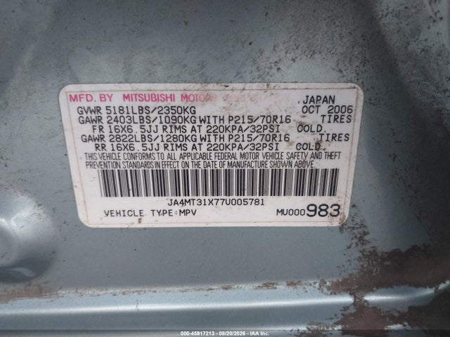 Aukcja sprzedaży 2007 Mitsubishi Outlander Ls, vin: JA4MT31X77U005781, numer aukcji: 45917213
