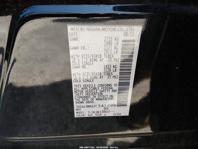 Продажа на аукционе авто 2015 Infiniti Qx60, vin: 5N1AL0MN1FC541899, номер лота: 45917234