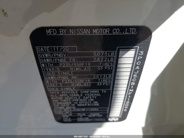 45917243 :رقم المزاد ، 3PCAJ5CB1MF112096 vin ، 2021 Infiniti Qx50 Essential Awd مزاد بيع