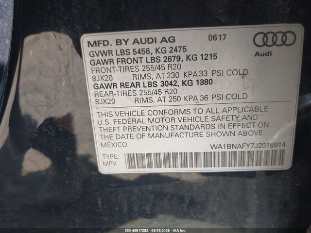 Aukcja sprzedaży 2018 Audi Q5, vin: WA1BNAFY7J2018914, numer aukcji: 45917252