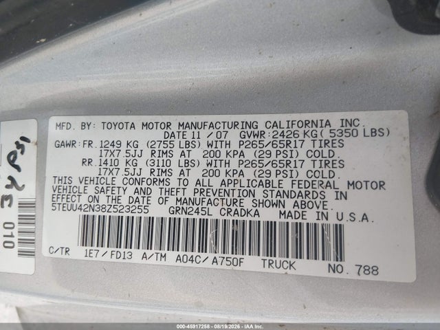 Продаж на аукціоні авто 2008 Toyota Tacoma Base V6, vin: 5TEUU42N38Z523255, номер лоту: 45917258